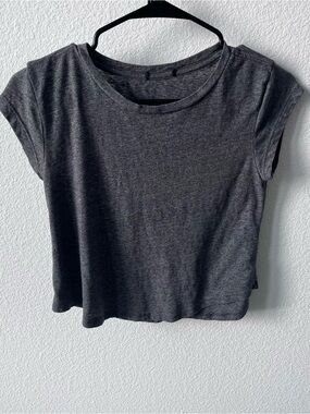 Charcoal Grey Short Cap Sleeve Crewneck Tee, cropped, crop t shirt top